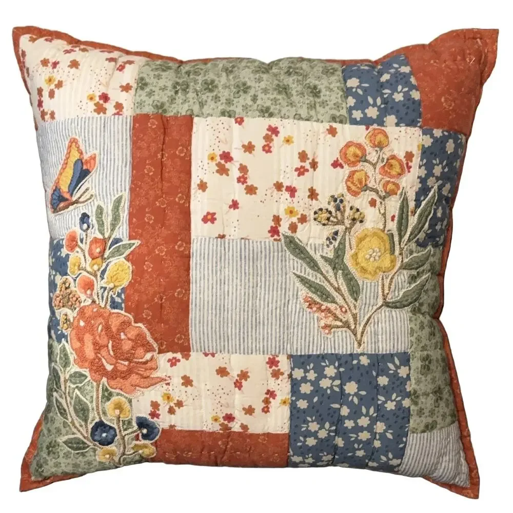 Throw Pillow Multicolor Floral Striped Embroidery Patchwork Cottage farmhouse